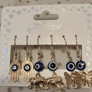 Gold Hamsa, Elephant & Butterfly Evil Eye Dangle Earrings - Blue & Gold